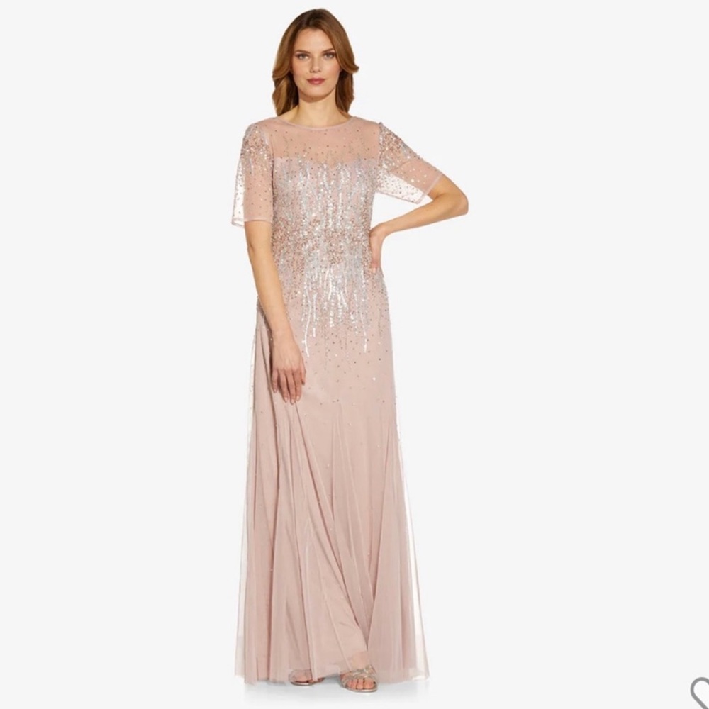 Adrianna Papell Blush Sequin Embellished Evening Gown
